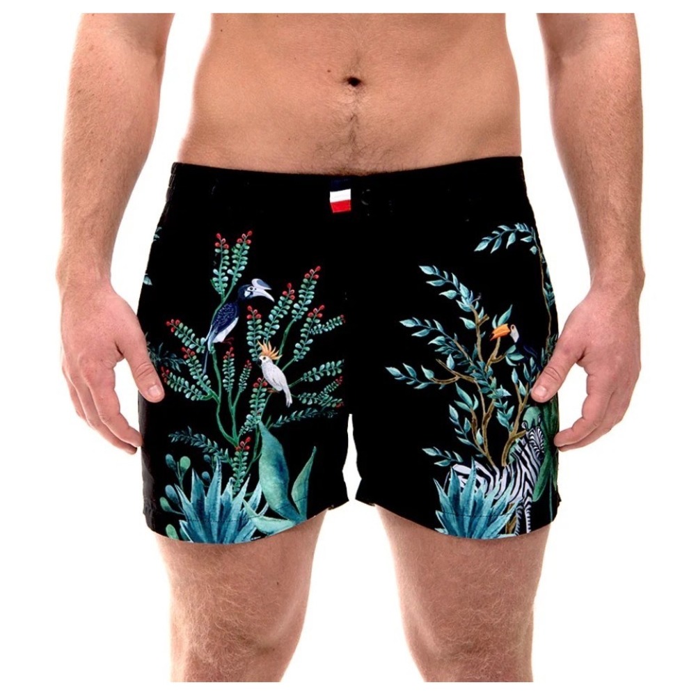 Franks Swim Trunks Men Medium Black Tropical Bird Zebra Board Shorts Safari
